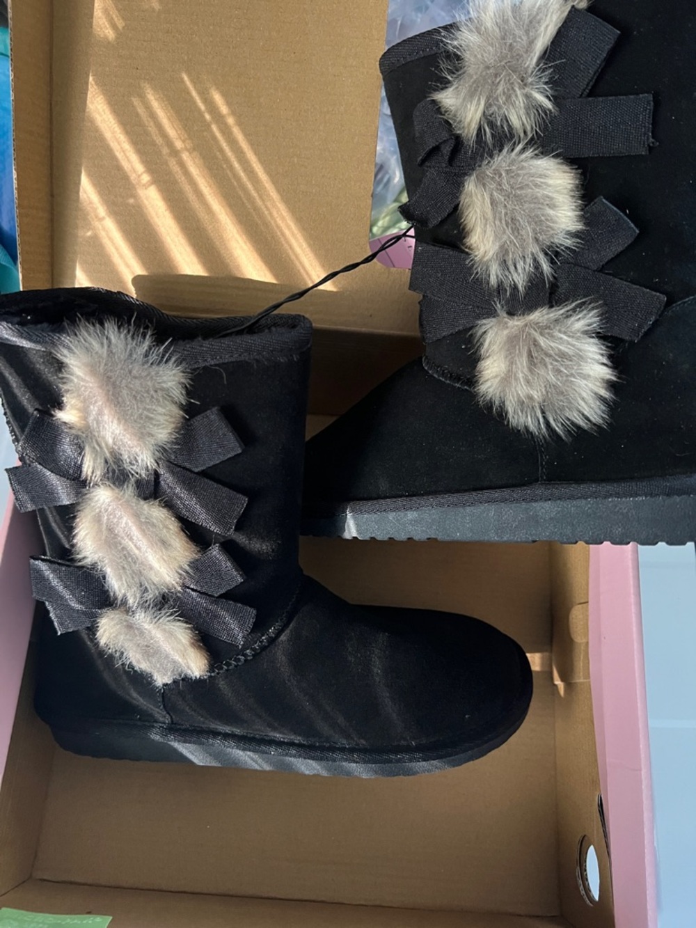 Serra Black Faux Fur Trim Bow Booties